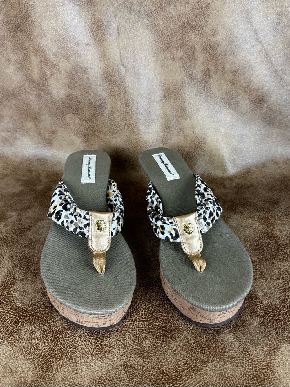 Tommy Bahama Olive Footbed Leopard-Print Platform Sandals with Gold Accent